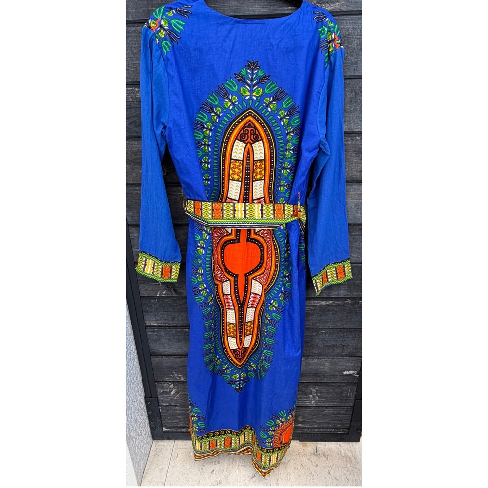 Dashiki Pride Blue African Print Maxi Robe Duster with Waist Tie Belt One Size - Picture 5 of 5